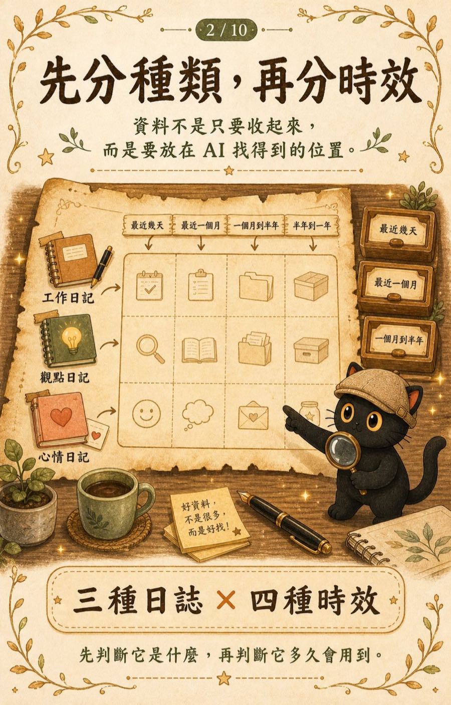 先分種類，再分時效：三種日誌乘以四種時效