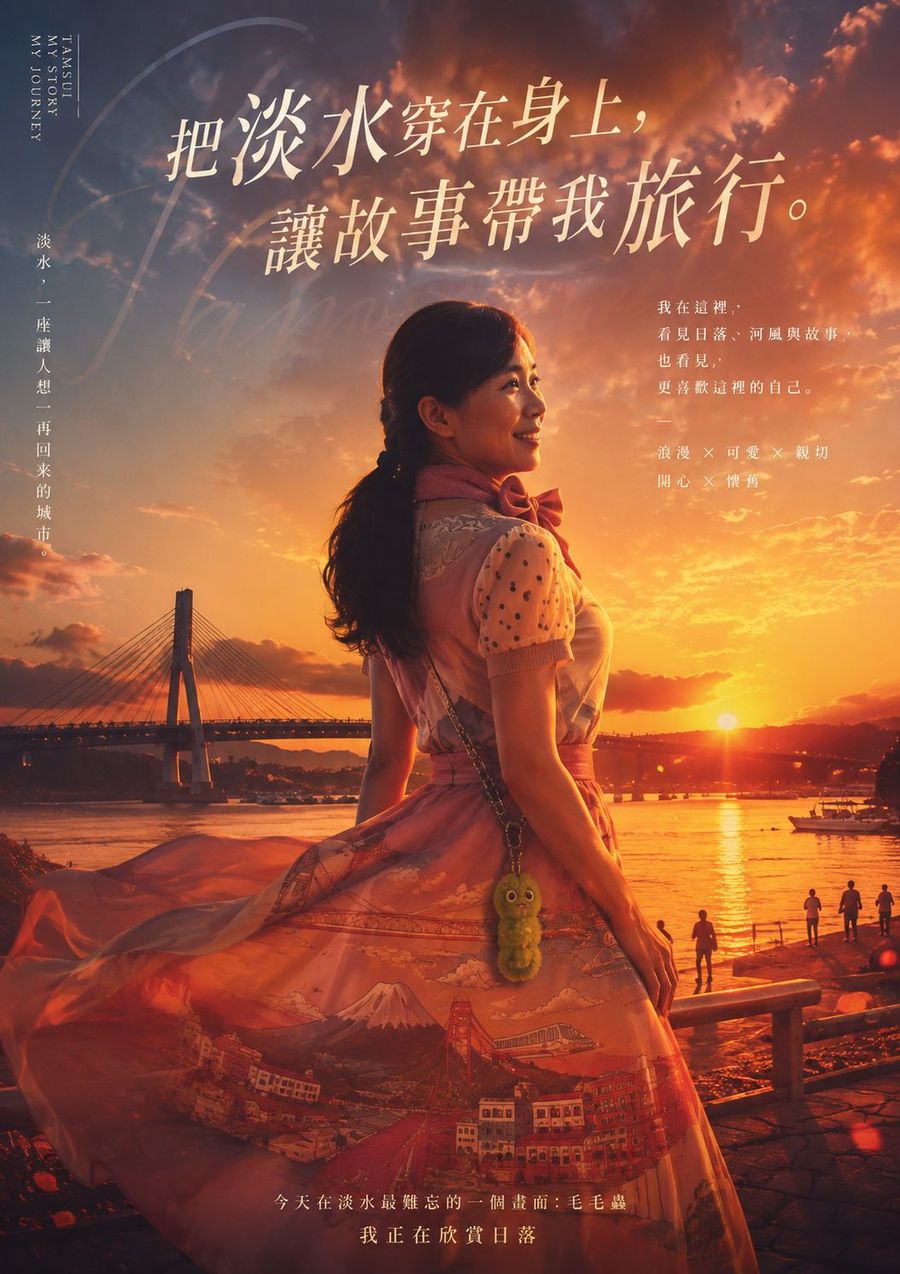 電影海報樣式，同一位女子站在淡水河岸看夕陽