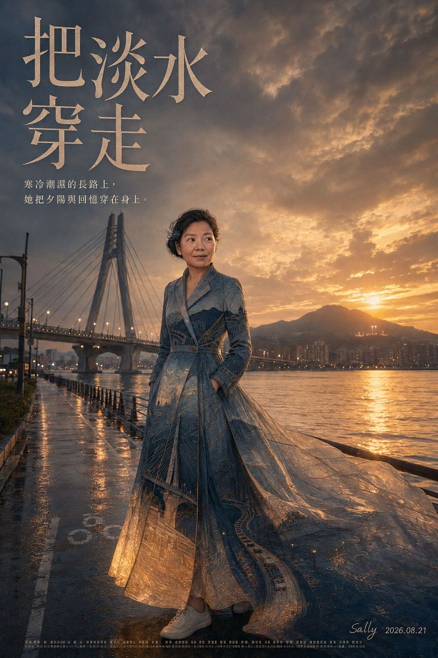電影海報樣式，標題把淡水穿走，女子走在雨後的河岸長路上