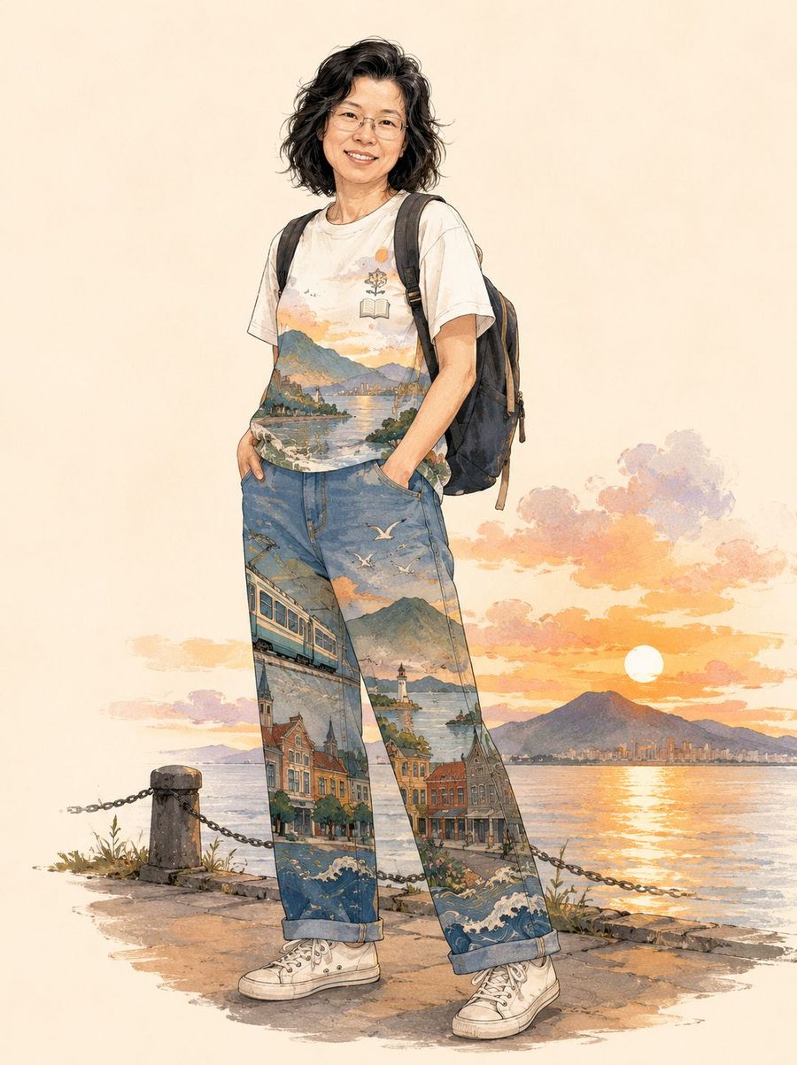 背著背包的女子穿白 T 與牛仔褲，衣褲的布料裡是淡水的山海、輕軌列車與紅磚洋樓