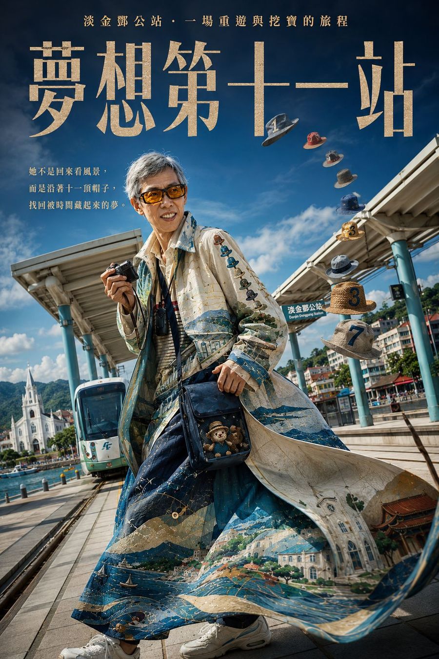 電影海報樣式，標題夢想第十一站，長者站在淡金鄧公站前，天空飄著十一頂帽子