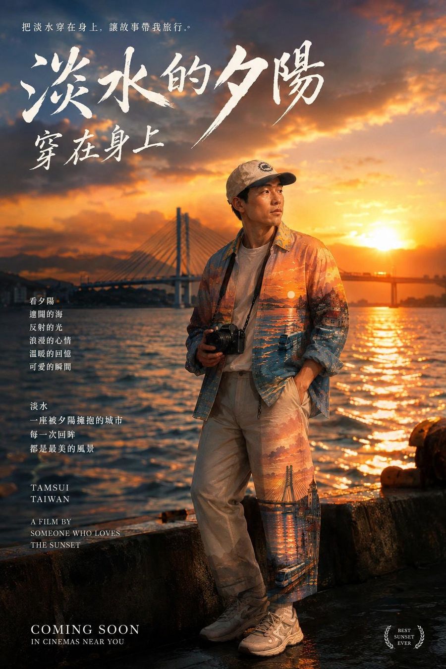 電影海報樣式，戴帽子的男子拿著相機站在淡水河邊，衣褲整片是夕陽與海面的倒影