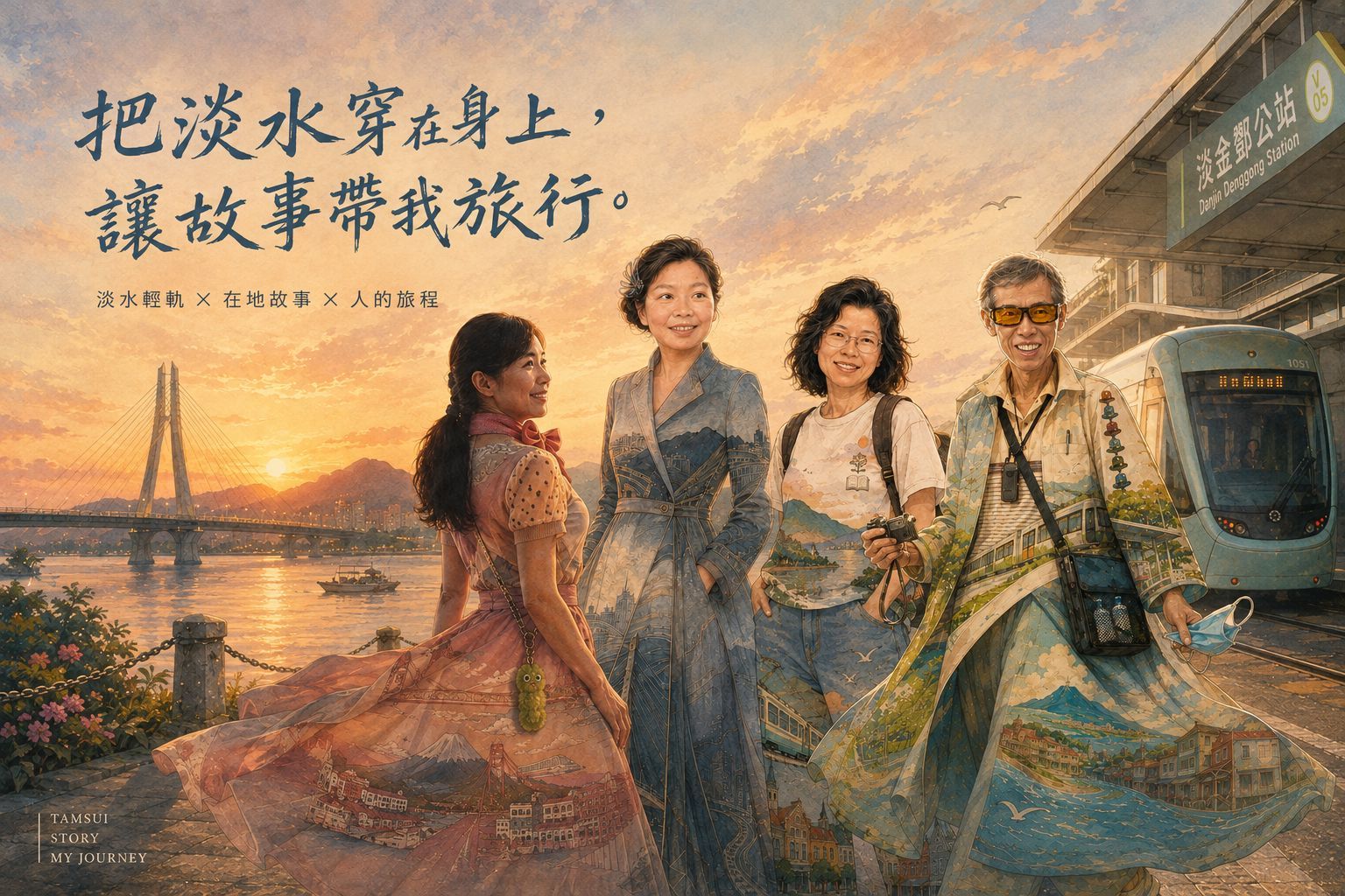 四位學員站在淡金鄧公站的輕軌月台前，身上的衣裙印著淡水河、觀音山、淡江大橋與輕軌列車的風景，左上是毛筆字標題「把淡水穿在身上，讓故事帶我旅行。」
