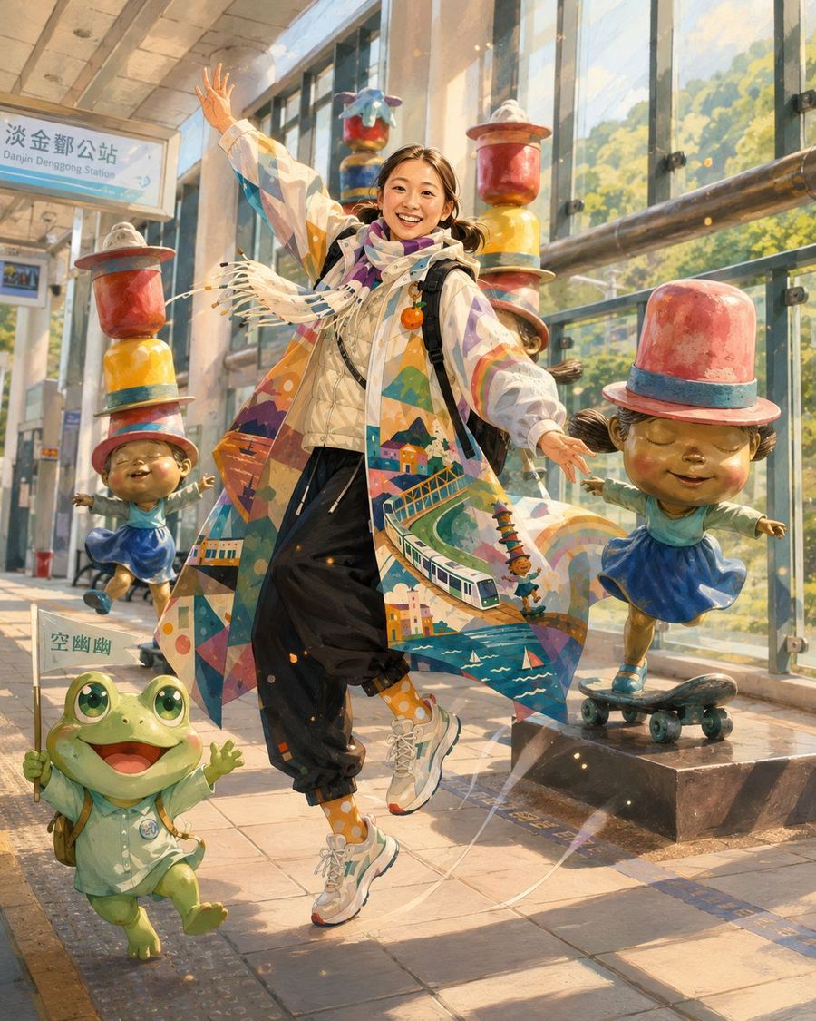 女子在淡金鄧公站月台張開雙手，身邊是堆疊帽子的公共藝術娃娃與一隻青蛙玩偶，衣服上有輕軌與海的圖案