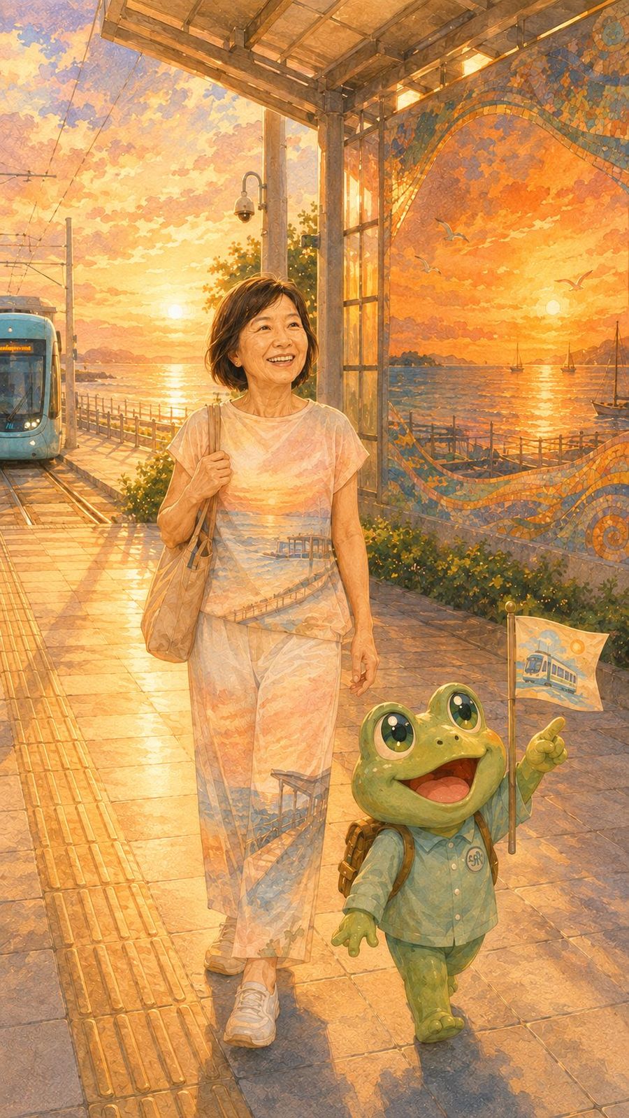 女子走在濱海沙崙站的月台，身旁的公共藝術牆上是整片橘紅色的夕陽海景