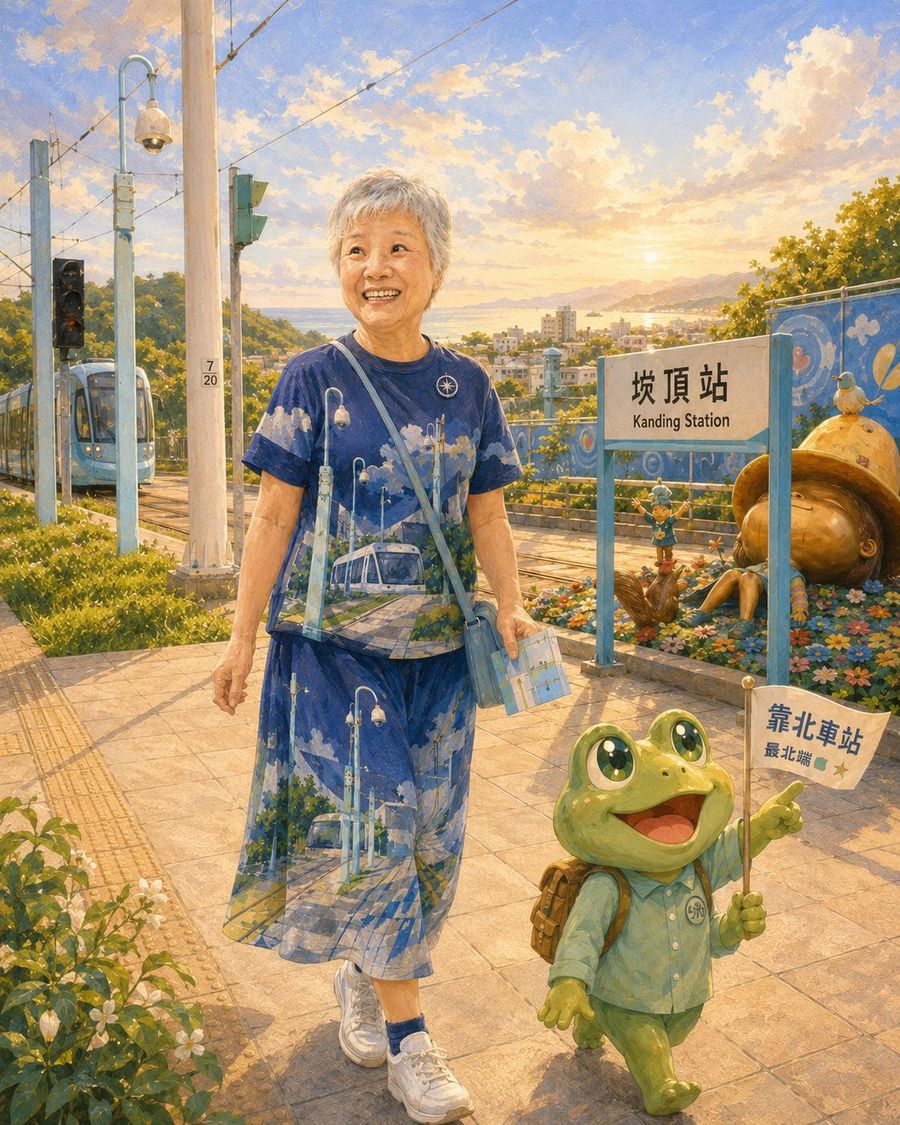 女子走過崁頂站的站牌，手上拿著印有靠北車站字樣的小旗，身旁是青蛙玩偶與藍色的公共藝術