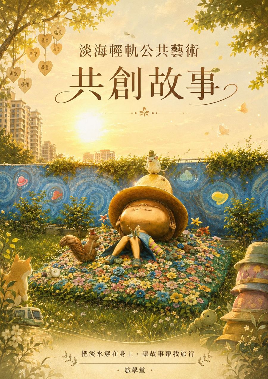 第三組組封面：黃昏花園裡戴草帽的公共藝術娃娃躺在花叢中，樹上掛著寫字的心形吊牌，標題是淡海輕軌公共藝術共創故事