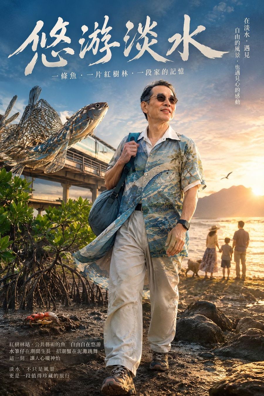 電影海報樣式，標題悠游淡水，人物站在紅樹林站前