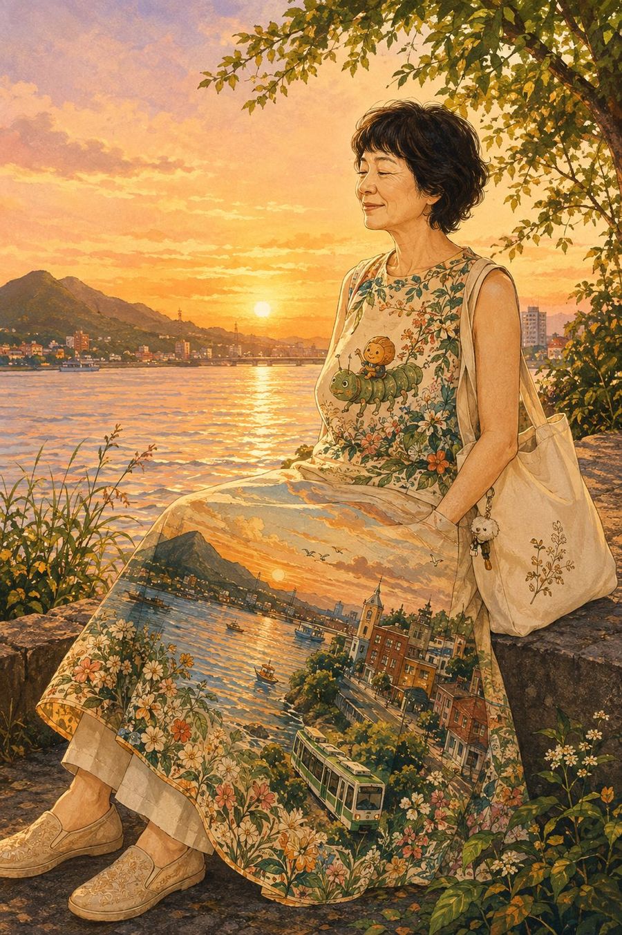 女子坐在河岸的矮牆上，長裙裡是淡水河、觀音山與紅磚街屋，裙上有一隻毛毛蟲