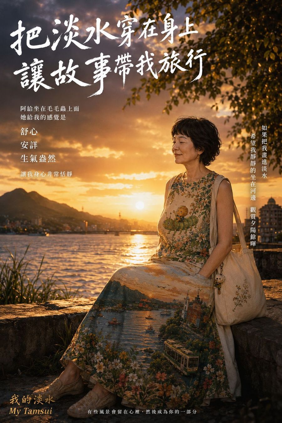 電影海報樣式，標題把淡水穿在身上讓故事帶我旅行，女子在黃昏的樹下坐著看河