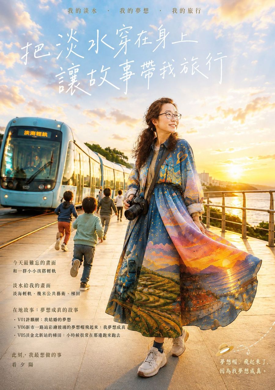 電影海報樣式，女子走在河岸步道，身後有一群奔跑的小孩與輕軌列車