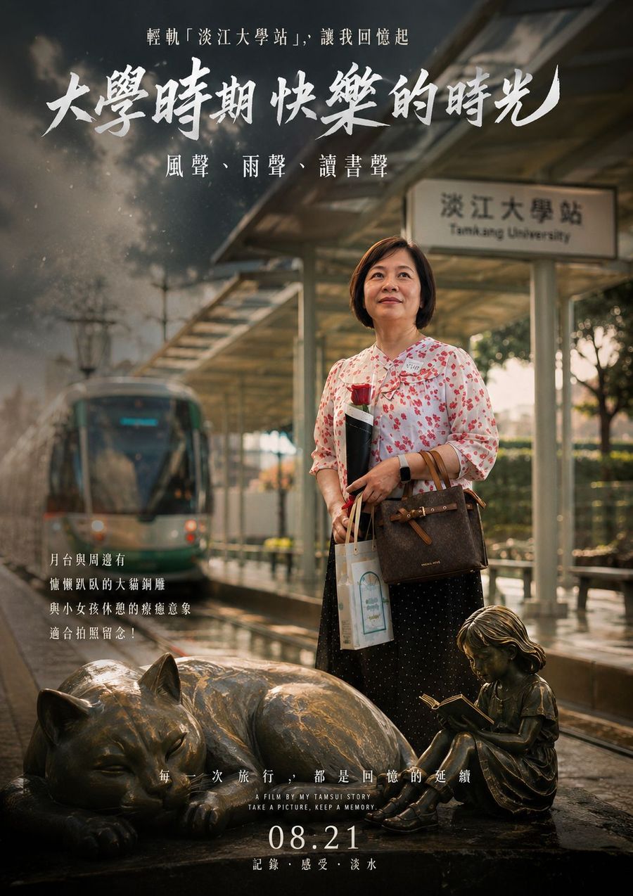電影海報樣式，標題大學時期快樂的時光，女子站在淡江大學站前，旁邊是大貓與看書小女孩的公共藝術