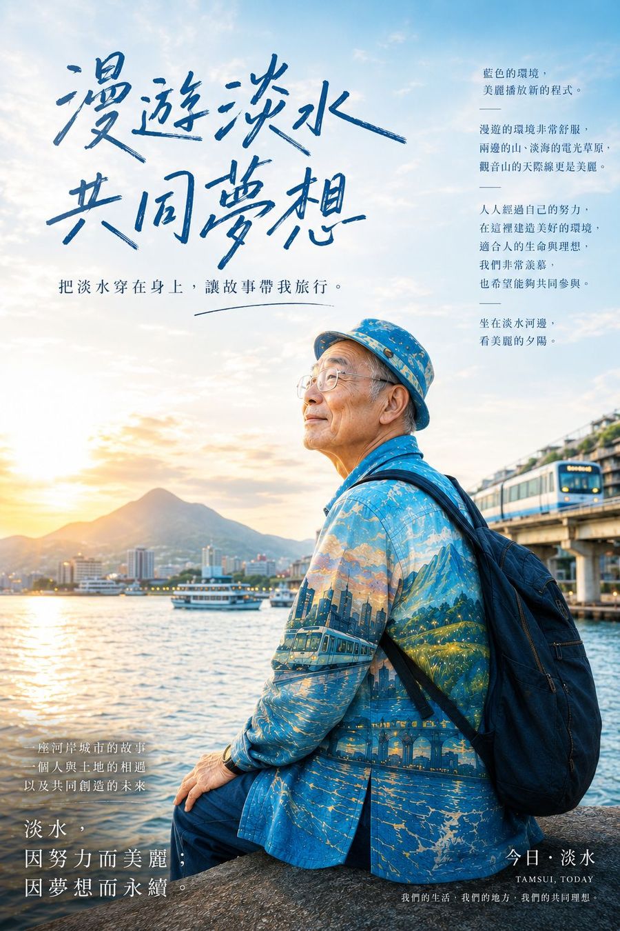 電影海報樣式，標題漫遊淡水共同夢想，長者坐在河邊石頭上望向觀音山