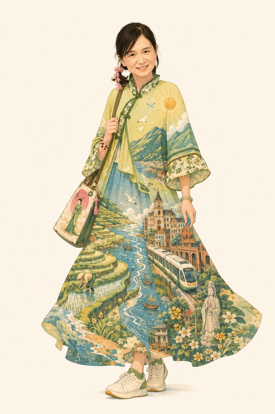 女子穿著綠與藍的長裙，裙裡是梯田、觀音像、輕軌與紅磚洋樓