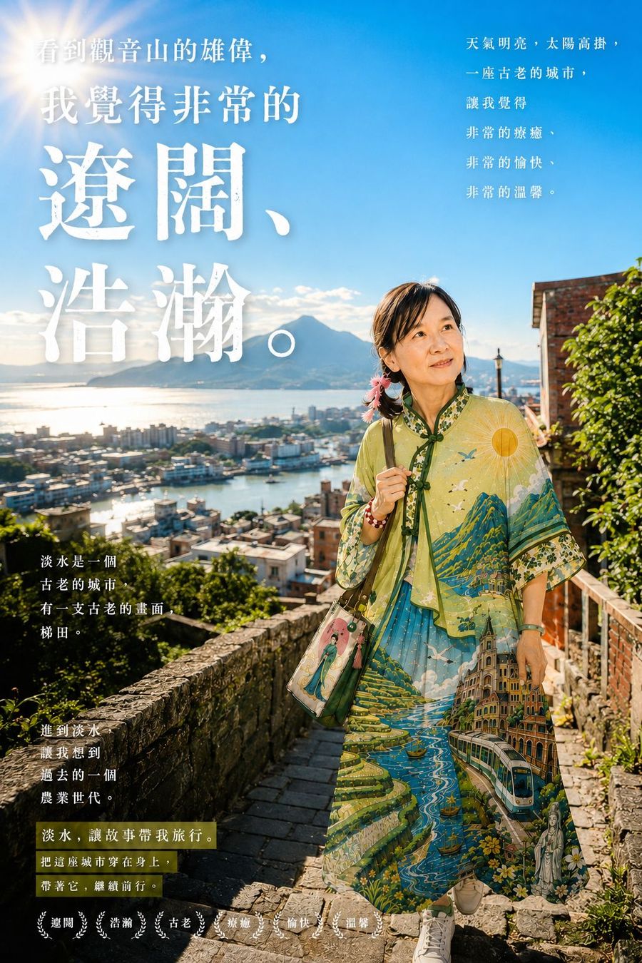 電影海報樣式，標題遼闊浩瀚，女子站在紅磚石階上，遠方是淡水河口與觀音山