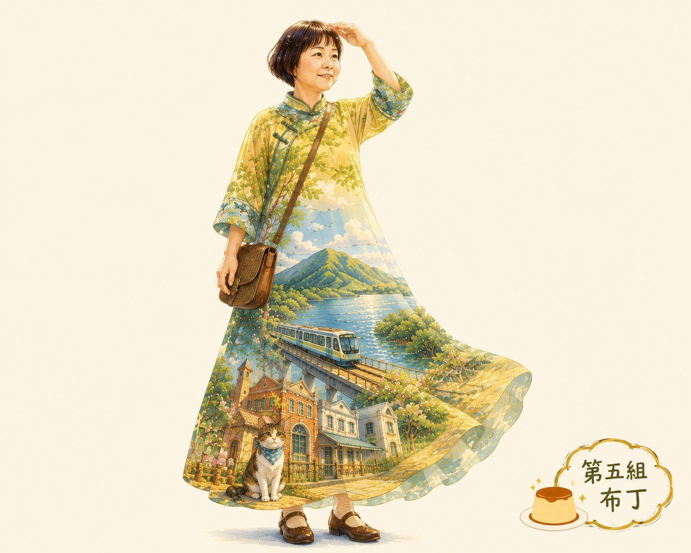第五組學員的插畫角色，雙手合十，衣服上有觀音山、淡水河與許願樹