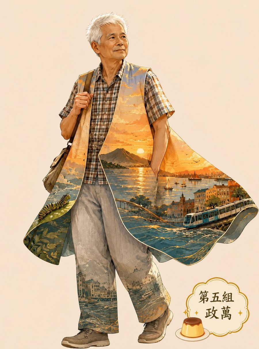 長者背著側背包，外套裡是夕陽下的淡水河、渡船與輕軌列車