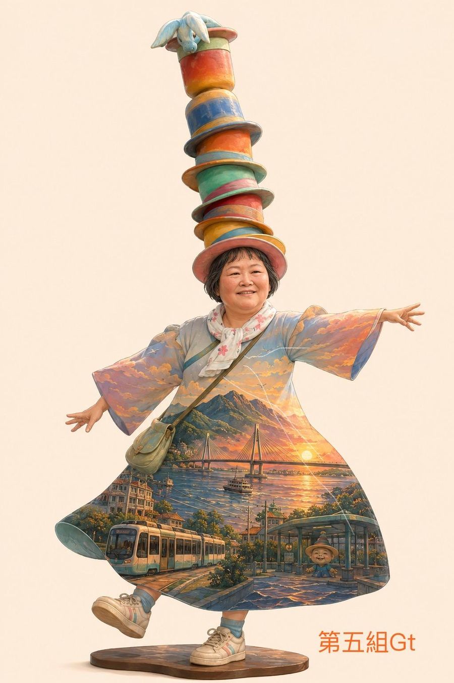 頭上疊著一整落彩色帽子的女子張開雙手，裙子裡是淡水河的夕陽與輕軌列車