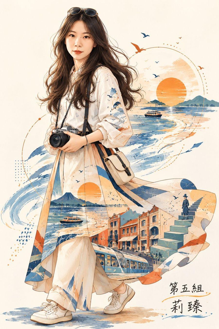 拿著相機的長髮女子，白色長裙裡是藍橘色調的海浪、街屋與輕軌列車