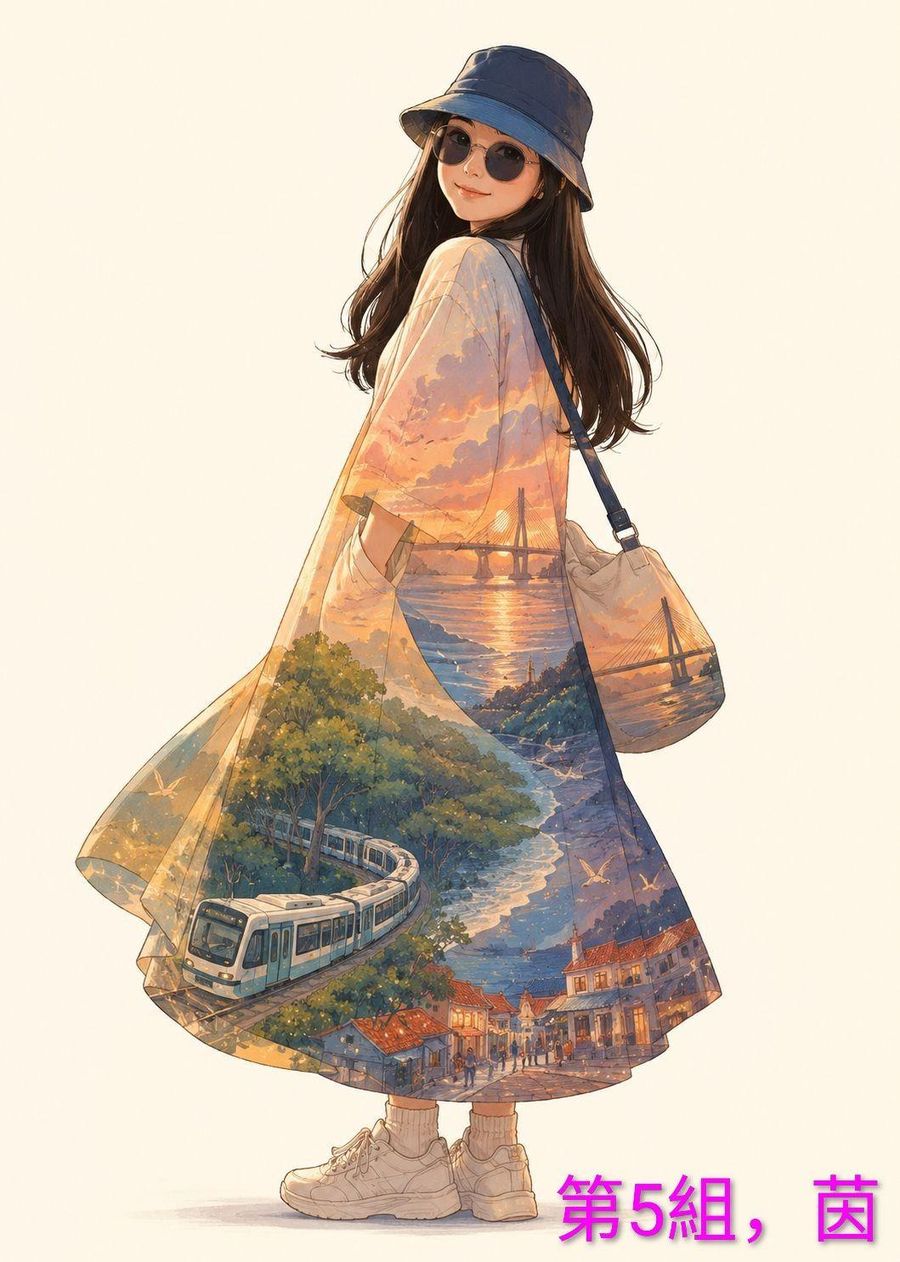戴帽的長髮女子背影，長裙裡是輕軌列車、河岸與夕陽