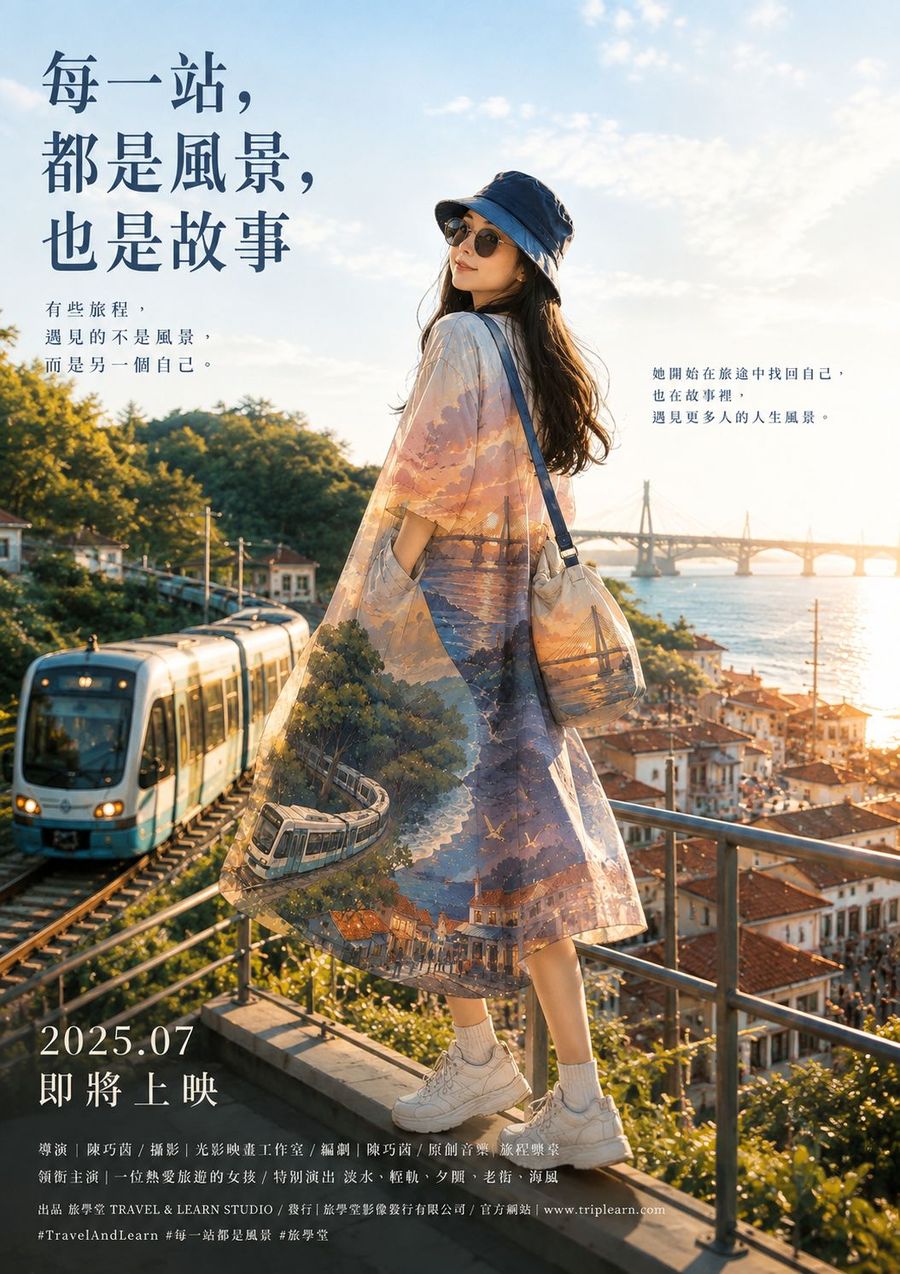 電影海報樣式，標題每一站都是風景也是故事，女子站在高處看輕軌列車駛過