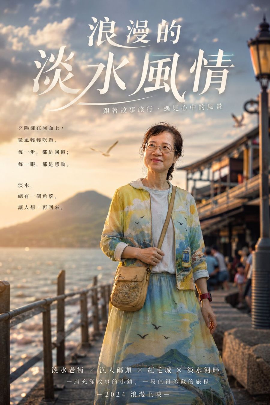電影海報樣式，標題浪漫的淡水風情，女子走在黃昏的淡水老街河岸
