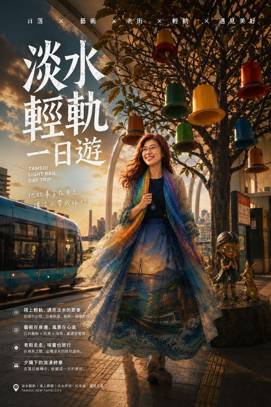 電影海報樣式，標題淡水輕軌一日遊，女子站在掛滿彩色帽子的樹下，旁邊是輕軌列車
