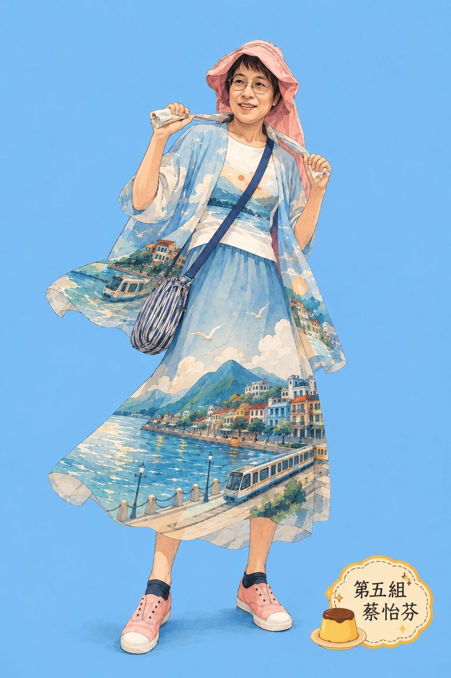 戴粉紅帽的女子拿著捲軸，藍色長裙裡是淡水河、觀音山與河岸街屋