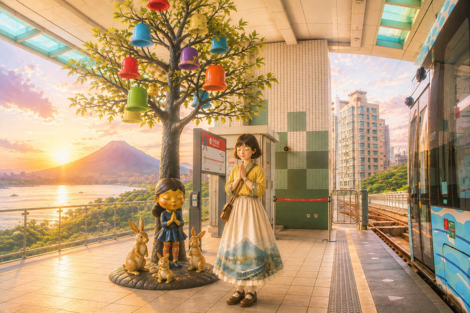 第五組組封面：女子在掛滿彩色帽子的樹下雙手合十，旁邊是雙手合十的小女孩銅雕與三隻兔子，遠方是觀音山的日落