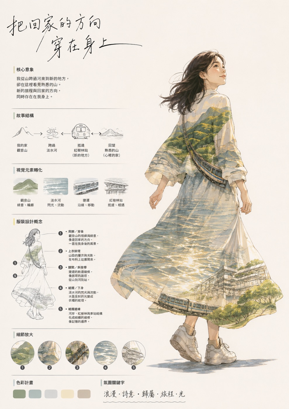 學員作品設定圖：一位女子穿著長洋裝回頭看，裙襬裡織著觀音山、淡水河、輕軌列車與紅樹林，左側是核心意象、故事結構、視覺元素轉化與服裝設計概念的說明，標題手寫「把回家的方向穿在身上」