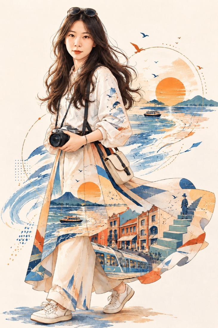 另一位學員的插畫版作品：淡彩全身像，衣服圖案來自她講的風景