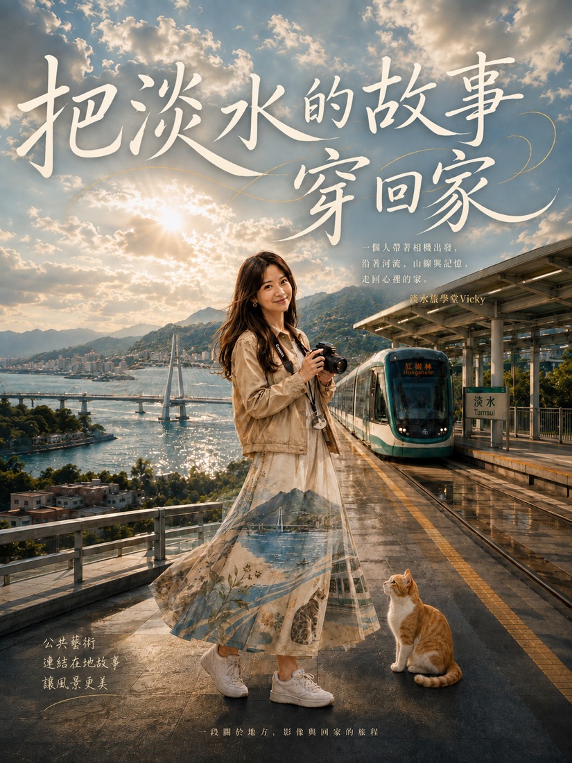 電影海報版作品：同一位女子站在真實的輕軌月台，寫實攝影質感，上方有大標題與兩三行旁白小字