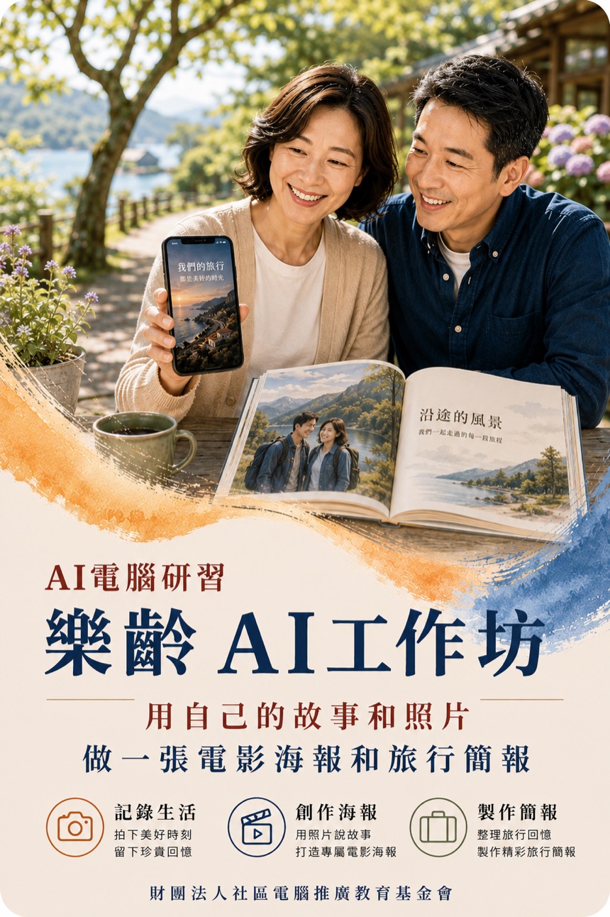 樂齡 AI 工作坊課程海報：用自己的故事和照片，做一張電影海報和旅行簡報