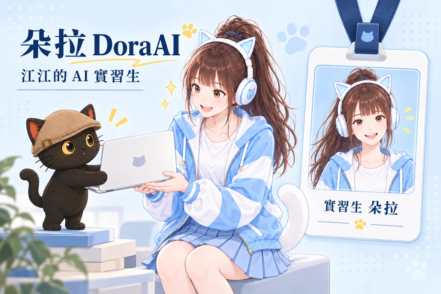 朵拉 DoraAI，戴白色貓耳耳機、綁棕色馬尾、穿藍白外套的 AI 實習生，和咪卡一起交接工作