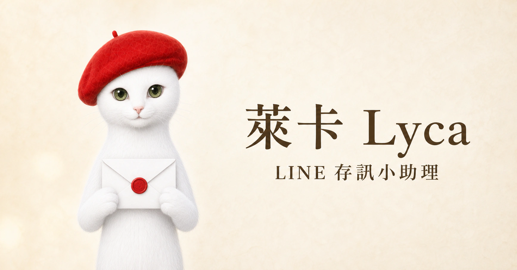 萊卡 Lyca，戴紅色貝雷帽、手拿紅色封蠟信封的白貓 LINE 存訊小助理