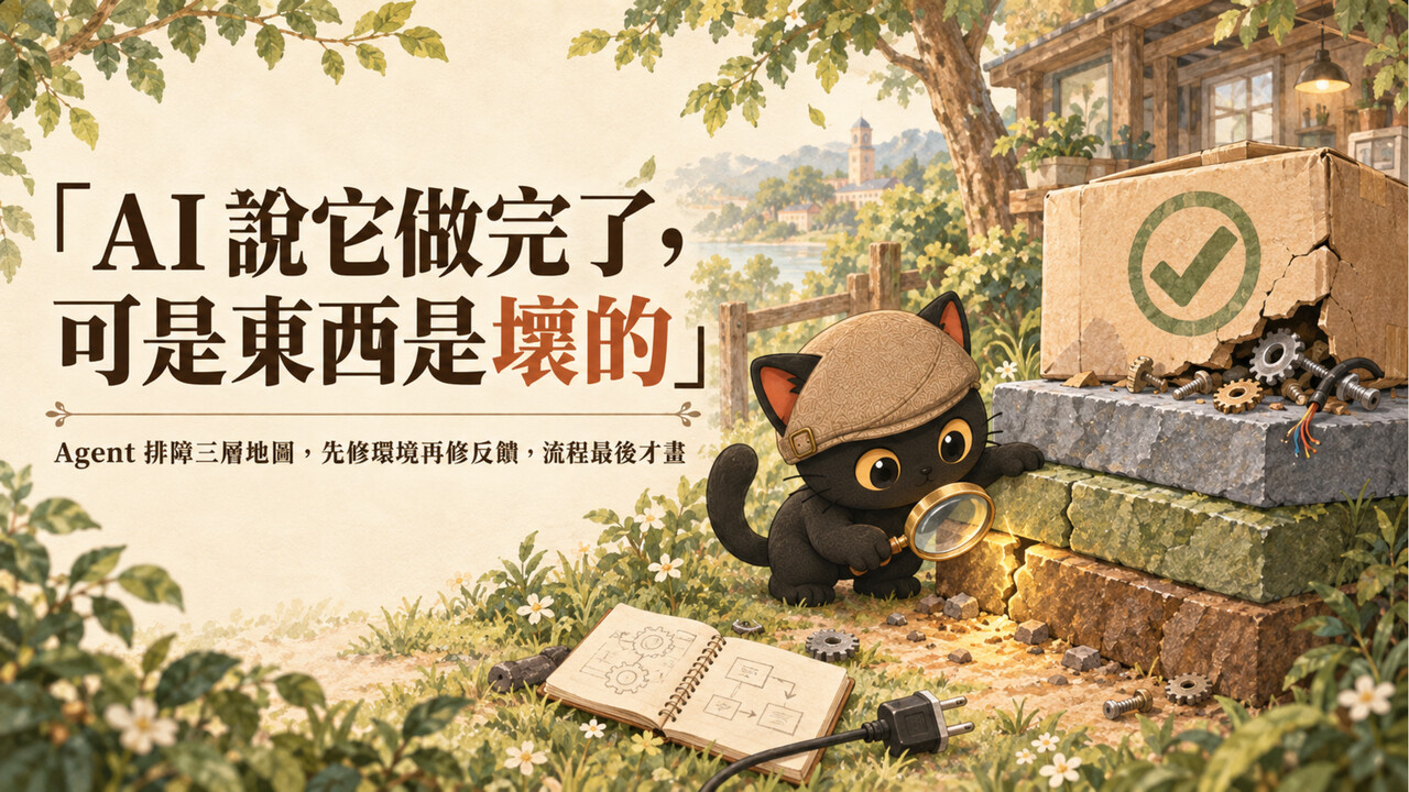 咪卡戴著偵探帽，拿放大鏡照三層石板地基最底下那層的裂縫，上方是蓋著綠色勾勾、箱底裂開的包裝箱