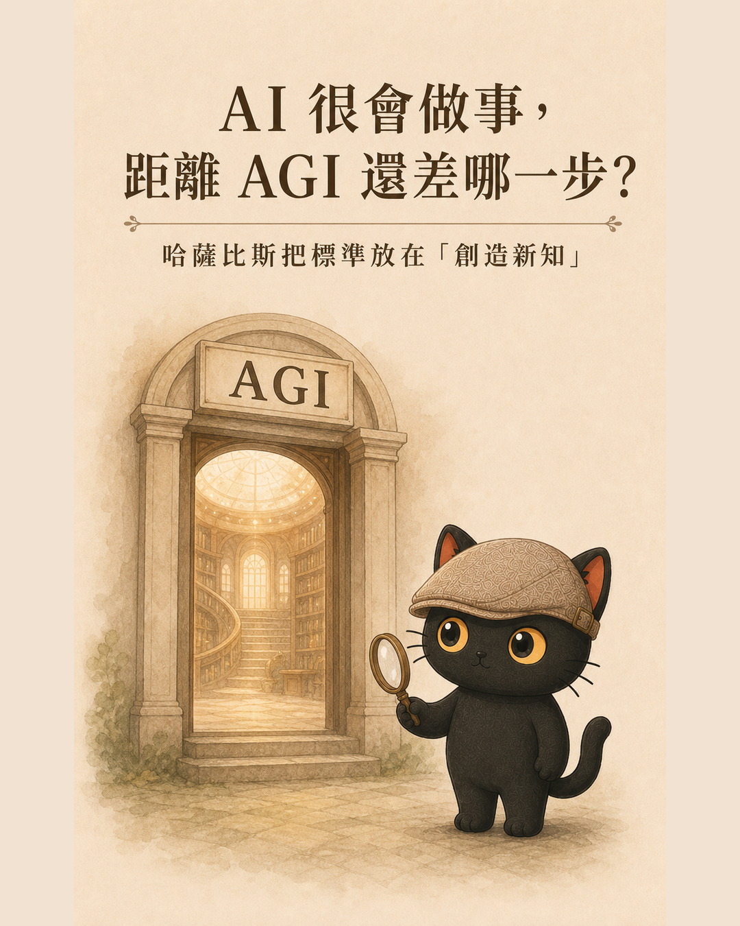 咪卡坐在 AGI 字樣前思考 AI 距離通用智慧還差哪一步