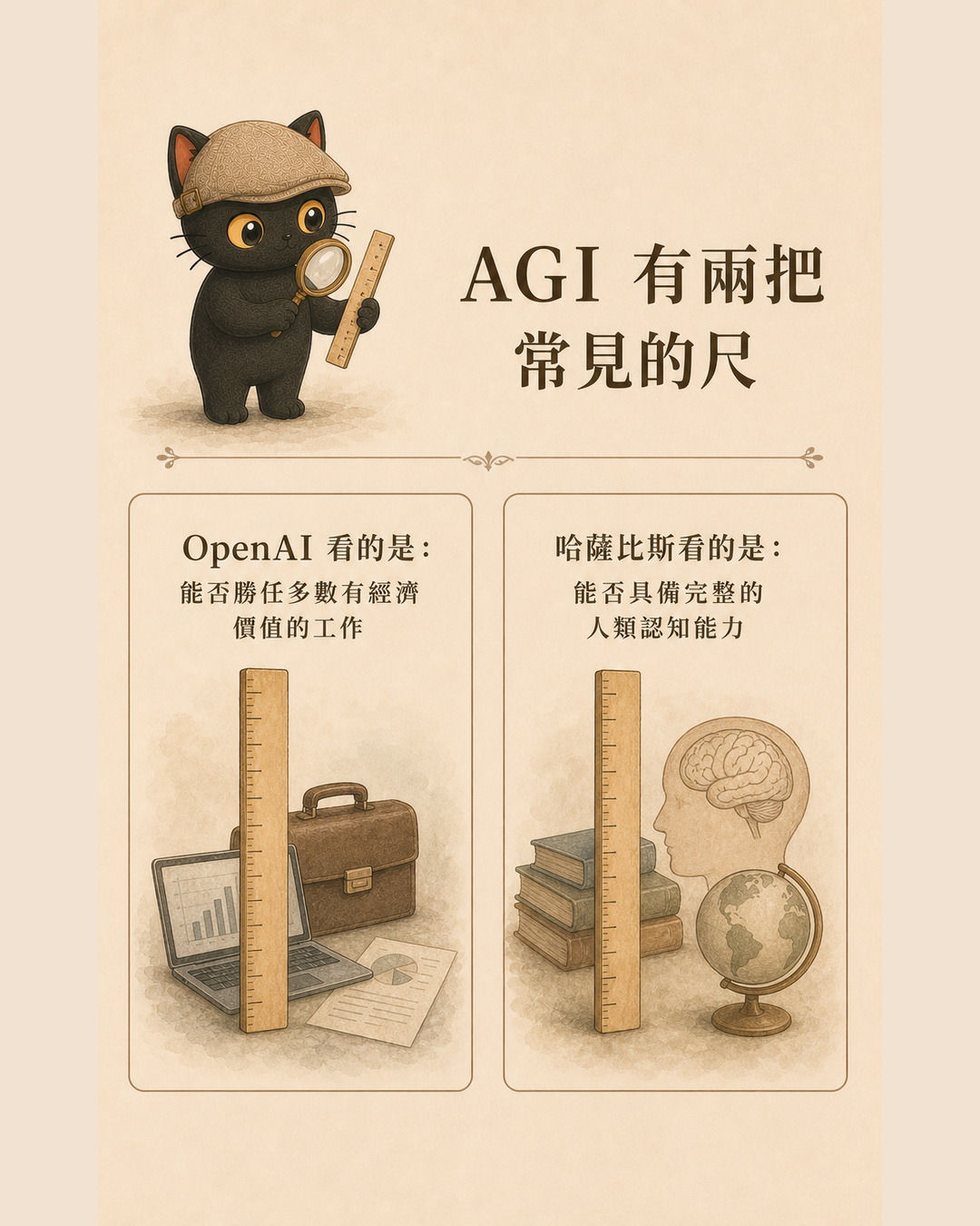 咪卡拿著兩把尺區分 AI 的工作能力與創造新知能力