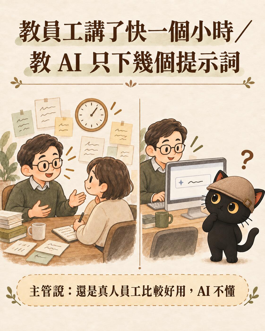 輪播卡：教員工講了快一個小時，教 AI 只下幾個提示詞。左邊主管對員工講個不停，右邊同一位主管對電腦只打了一行字，咪卡在旁邊歪頭疑惑。主管說：還是真人員工比較好用，AI 不懂