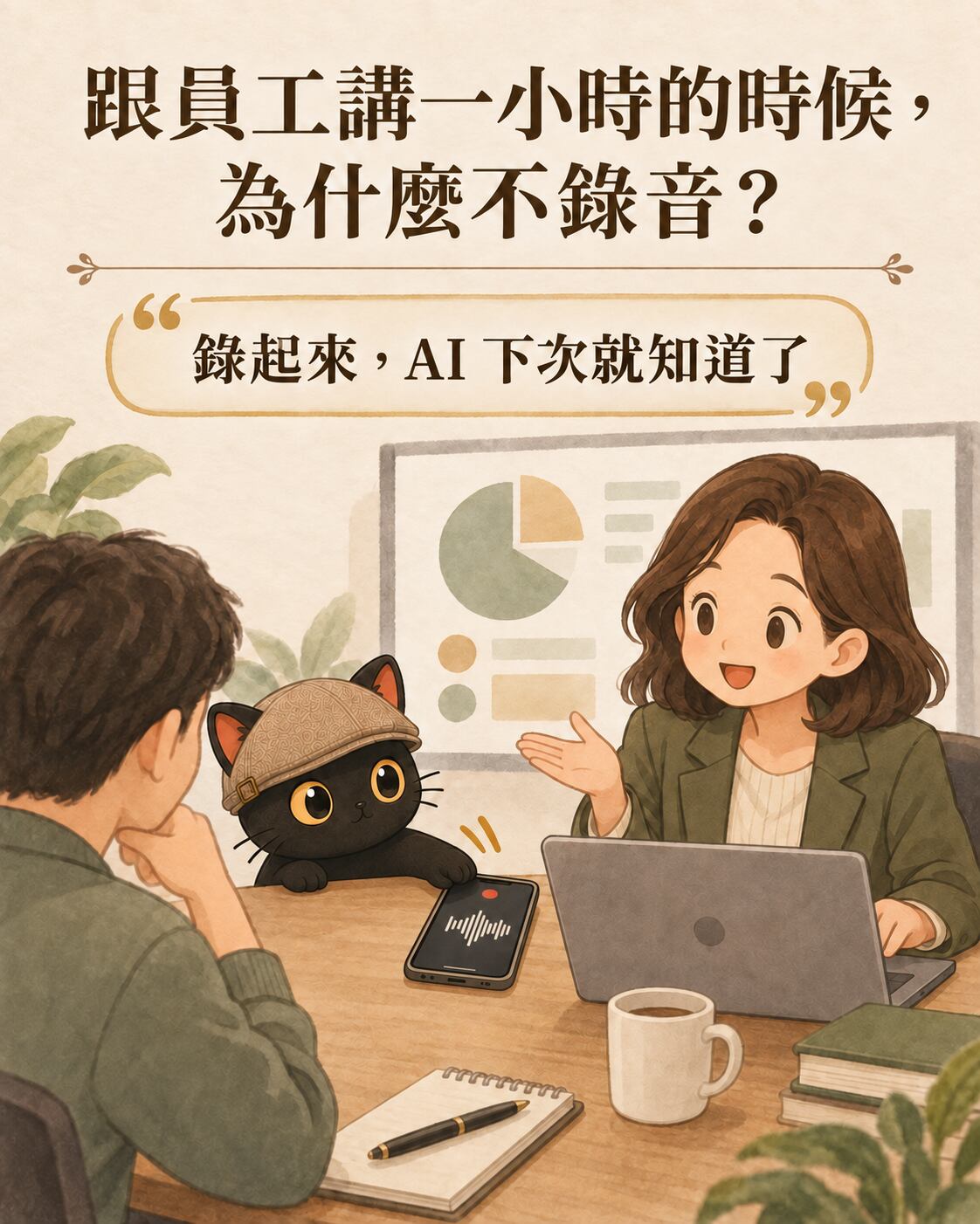 輪播卡：跟員工講一小時的時候，為什麼不錄音？錄起來，AI 下次就知道了。會議桌上手機正在錄音，咪卡把手機往主管推近