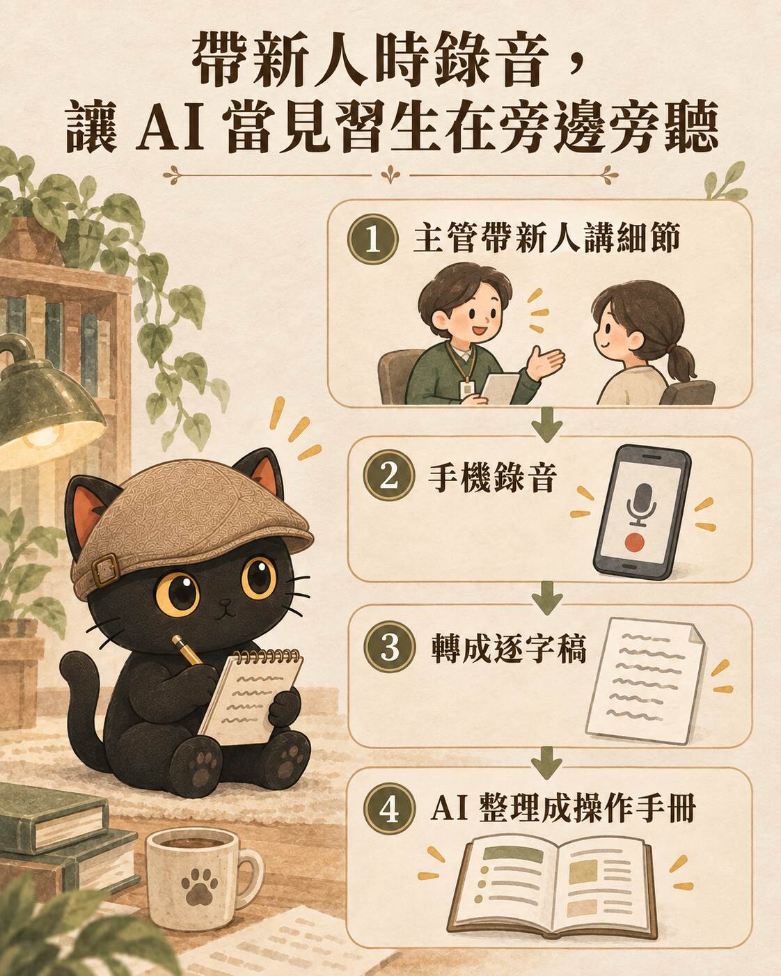 輪播卡：帶新人時錄音，讓 AI 當見習生在旁邊旁聽。四格流程：主管帶新人講細節、手機錄音、轉成逐字稿、AI 整理成操作手冊，咪卡坐在旁邊拿筆記本旁聽