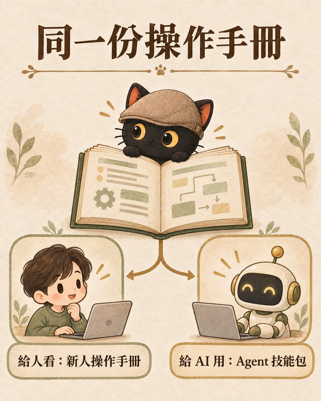 輪播卡：同一份操作手冊。中間一本打開的手冊，分岔到左邊的新人（給人看：新人操作手冊）和右邊的 AI（給 AI 用：Agent 技能包），咪卡從手冊後面探頭