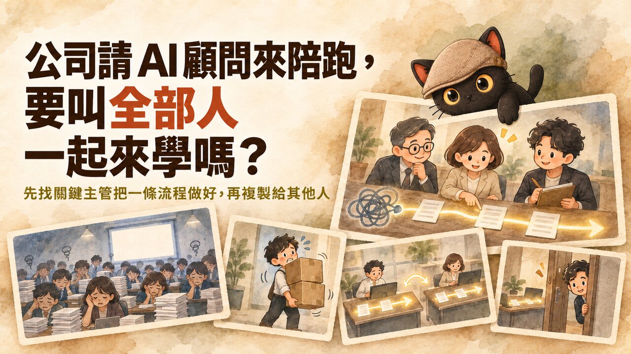 封面：公司請 AI 顧問來陪跑，要叫全部人一起來學嗎？先找關鍵主管把一條流程做好，再複製給其他人。老闆、主管和顧問把一條打結的流程理成發亮的路徑，咪卡從後面探出來；下方是擠滿疲憊員工的會議室、抱著兩箱重物的新人、同一條路徑被複製到另一張桌子、隔壁部門的人從門口探頭