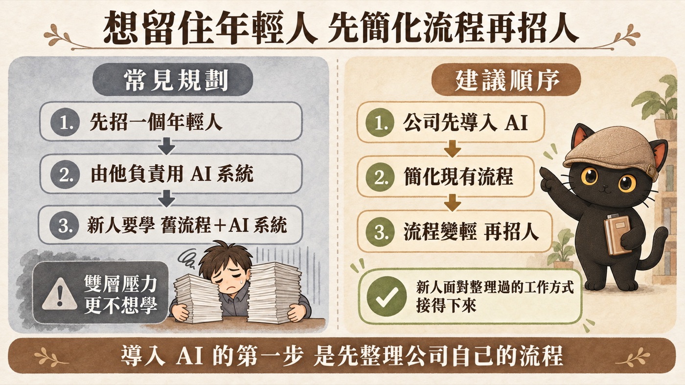 想留住年輕人，先簡化流程再招人：左邊是常見規劃（先招年輕人、由他負責用 AI、新人要學舊流程加 AI 系統，雙層壓力更不想學），右邊是建議順序（公司先導入 AI、簡化現有流程、流程變輕再招人）