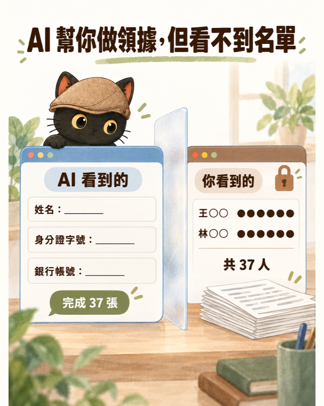 插圖：AI 幫你做領據，但看不到名單。左邊 AI 看到的視窗只有姓名、身分證字號、銀行帳號三個空白欄位和一句完成 37 張；右邊你看到的視窗有名單和一疊領據，中間隔著磨砂玻璃