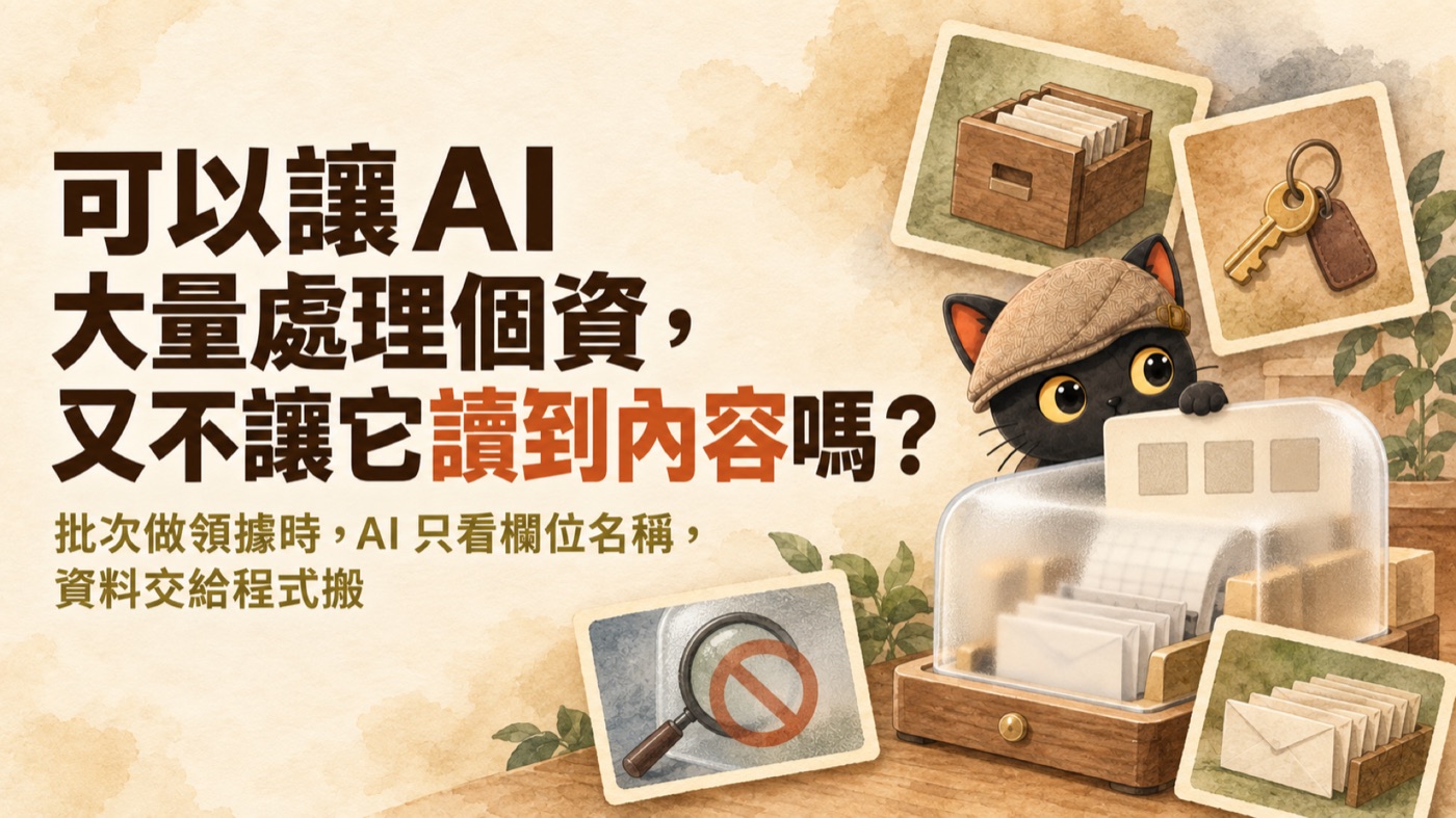 文章封面：可以讓 AI 大量處理個資，又不讓它讀到內容嗎？咪卡拿著只有空白欄位的卡片，旁邊磨砂玻璃罩裡的機器正在把表單裝進信封