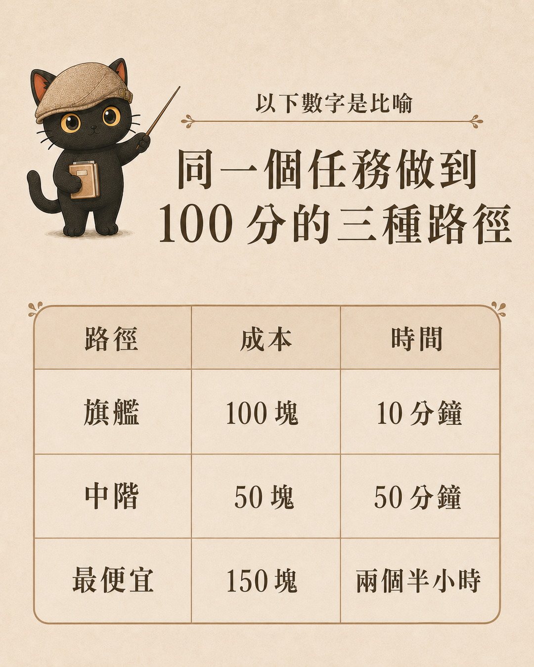 同一個任務做到 100 分的三種路徑對照表：旗艦 100 塊 10 分鐘，中階 50 塊 50 分鐘，最便宜 150 塊兩個半小時，咪卡拿著指揮棒講解