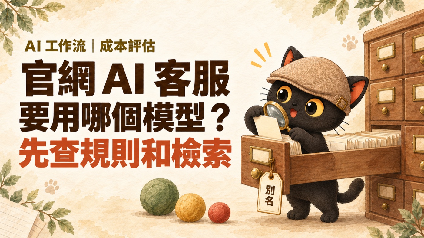 咪卡手繪風橫式圖：標題寫官網 AI 客服要用哪個模型？先查規則和檢索。戴帽子的黑貓咪卡踮腳拿放大鏡，翻看一個寫著別名的卡片目錄抽屜，旁邊地上放著綠、黃、紅三顆代表月費的球