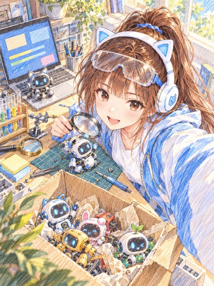 朵拉的插畫自拍：棕色馬尾、戴白色貓耳耳機，護目鏡推在頭上，在工作桌前拿放大鏡檢查一箱新拿到的小機器人