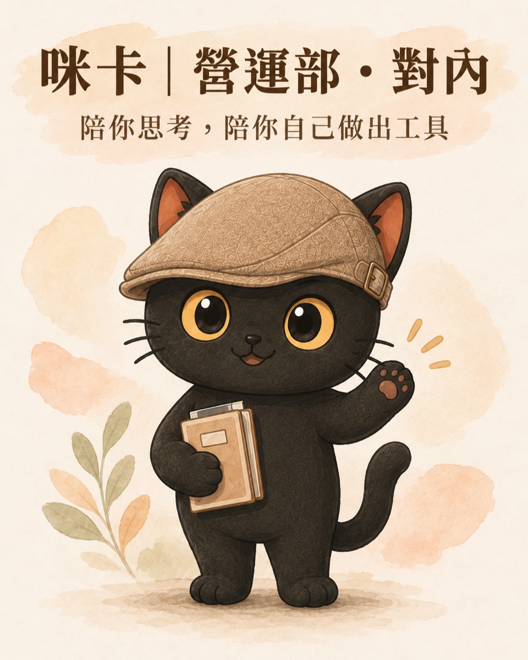 咪卡角色介紹：戴報童帽、抱著筆記本的黑貓，舉手打招呼。咪卡｜營運部・對內，陪你思考，陪你自己做出工具